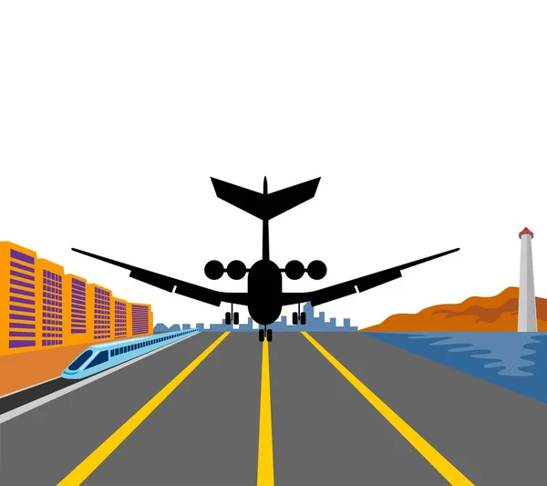 Illustration Commercial Jet Plane Airliner Landing Wheels Runway Airport Cityscape — Stock Vector