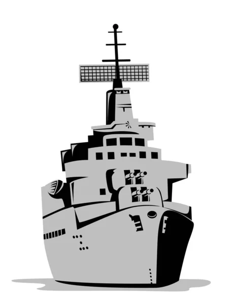 レトロなスタイルで行われた孤立した背景の上から海で見た現代の巡洋艦戦艦のイラスト — ストックベクタ