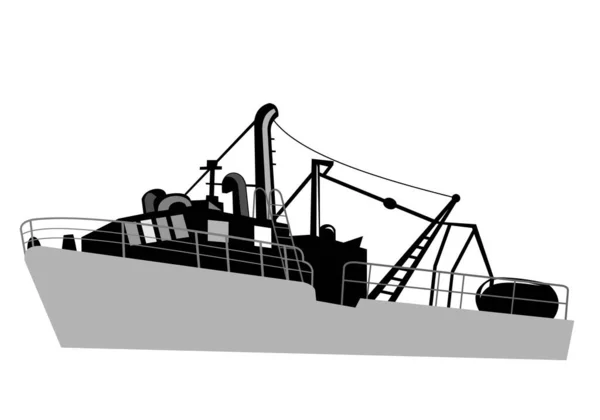 レトロなスタイルで行われた隔離された背景の上から海で見るヴィンテージ漁船 商業漁船 トロール船のイラスト — ストックベクタ