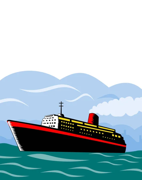 Ilustración Transatlántico Crucero Buque Pasaje Navegando Mar Visto Desde Costado — Vector de stock
