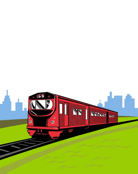 Illustrazione Treno Passeggeri Diesel Che Muove Rotaia Visto Fronte Con — Vettoriale Stock