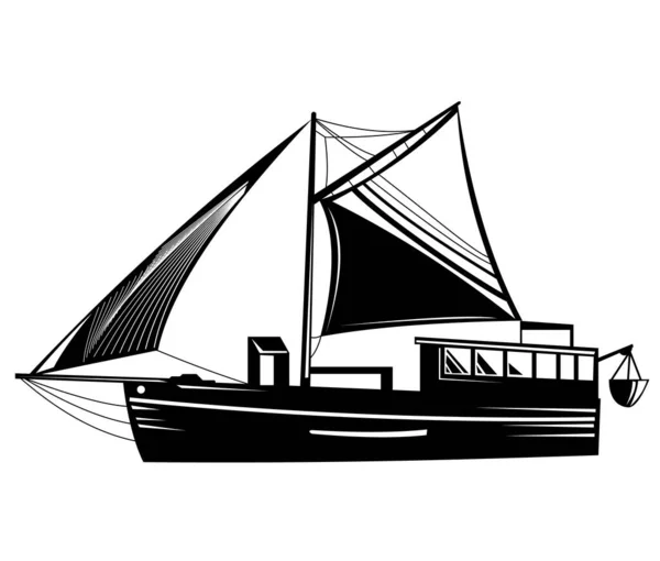 レトロな木版画スタイルで行われた隔離された背景の上から海で見られるヴィンテージ釣りトロールスクーナーやブルーウォーターモーターセーラー木製ヨット帆船のイラスト — ストックベクタ