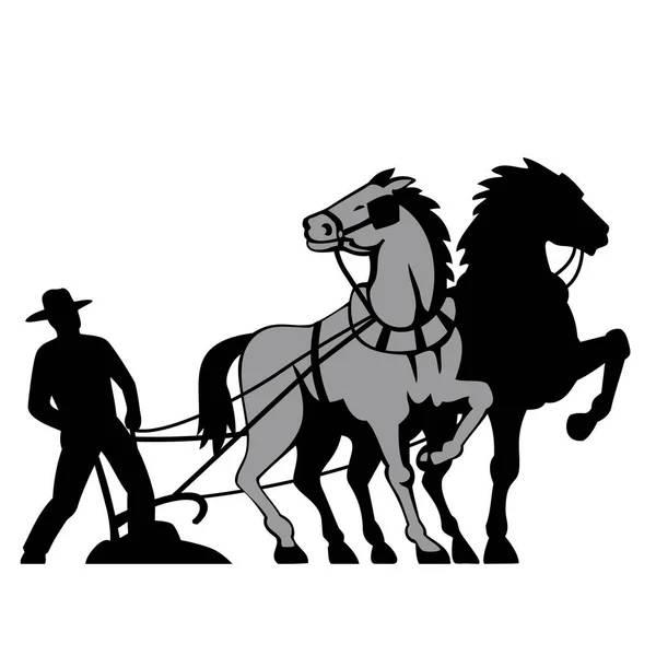 Иллюстрация Фермера Рабочей Лошади Плугом Плугом Смотрящимся Спереди Низким Углом — стоковый вектор