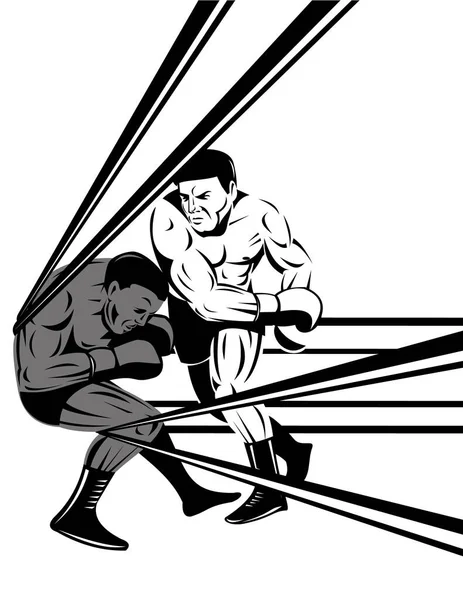 在复古木刻风格的孤立背景下 用职业拳击手连接击倒冲锋的绳索上的拳击手图解 — 图库矢量图片