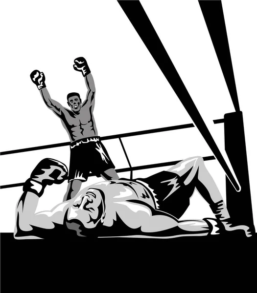 Illustration Boxare Som Firar Seger Knockout Med Prisboxare Duken Sedd — Stock vektor