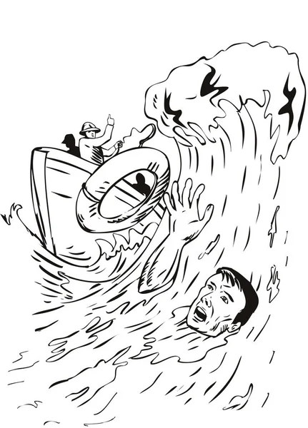 Illustration Des Ertrinkenden Und Des Rettungsschwimmers Auf Rettungsboot Rettungsleine Werfend — Stockvektor