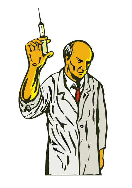 医生护士或科学家拿起注射器从正面观察以复古漫画风格制作的孤立背景的图片 — 图库矢量图片
