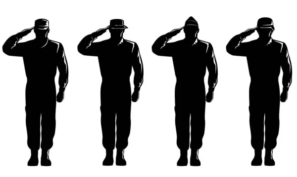 Ilustrace Amerického Vojáka Vojenského Vojáka Silueta Salutování Nahlíženo Zepředu Celé — Stockový vektor