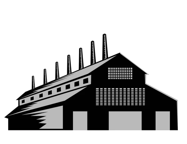 Ilustración Una Planta Fabricación Ecológica Edificio Fábrica Una Vista Frontal — Vector de stock