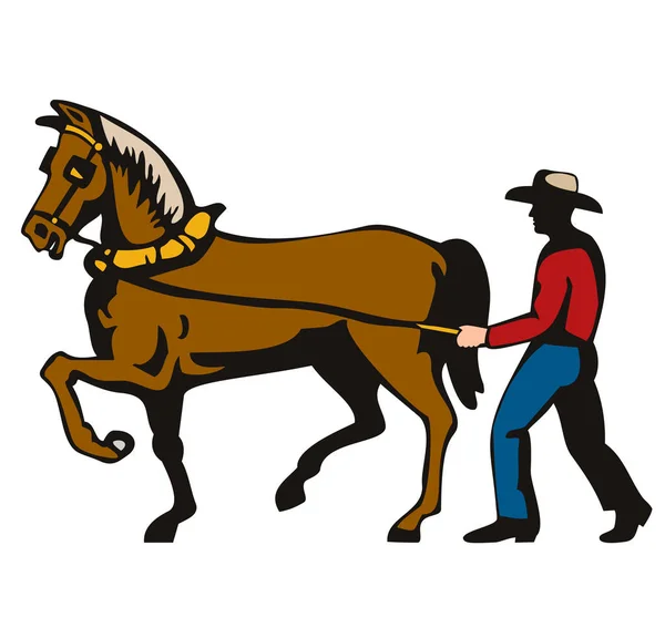 レトロなスタイルで行われた孤立した背景に 農家や作業馬のイラスト — ストックベクタ