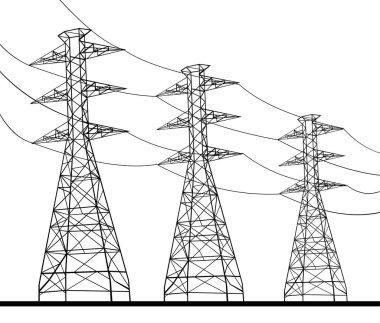 Yayın kulesinin ya da elektrik direğinin siyah beyaz arka planda izole edilmiş çizimi. 