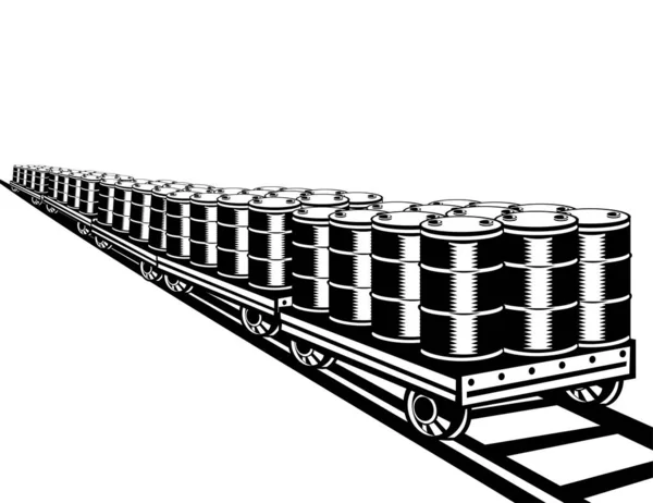 Illustratie Van Olievaten Railcar Zittend Spoorbaan Geïsoleerde Achtergrond Zwart Wit — Stockvector