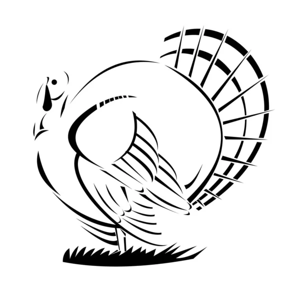 黒と白のレトロなスタイルで行われた隔離された背景に側面から見た野生の七面鳥のイラスト — ストックベクタ