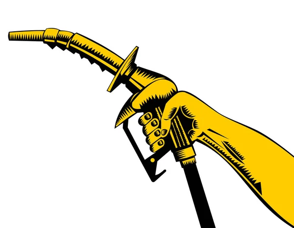 Ілюстрація Руки Тримає Насадку Бензинового Палива Виконану Стилі Ретро Дерева — стоковий вектор