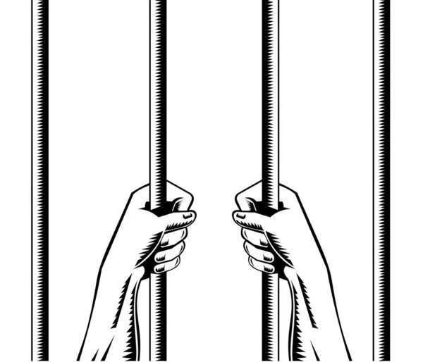 用黑白复古木刻的手法从后面看囚犯手持紧握着牢笼的双手在孤立的背景下的图解 — 图库矢量图片