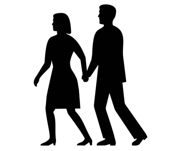 stock vector Retro style illustration of a silhouette of a couple male and female walking away holding hands viewed from side on isolated background done in black and white