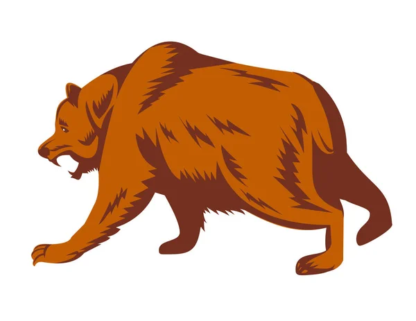怒っているグリズリークマのレトロな木版画スタイルのイラスト Ursusは恐ろしい 北米の茶色のクマ または単に色で行われた孤立した背景に側面から見られる攻撃しようとしている — ストックベクタ