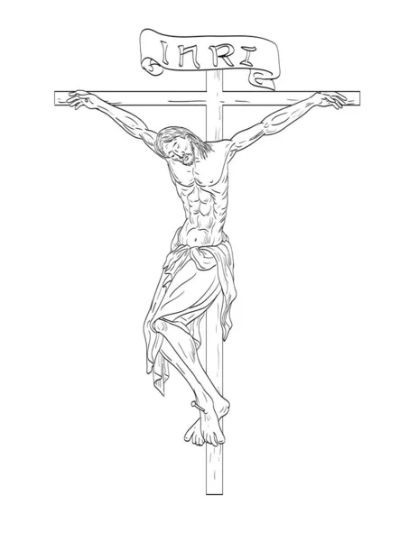 基督耶稣挂在中世纪风格的十字架上 在黑白隔离的背景上的线条画图 — 图库矢量图片