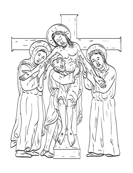 耶稣与使徒马利亚 约翰和亚里士多德的约瑟从十字架上取下来的线条画 以中世纪风格在孤立的黑白背景下完成 — 图库矢量图片