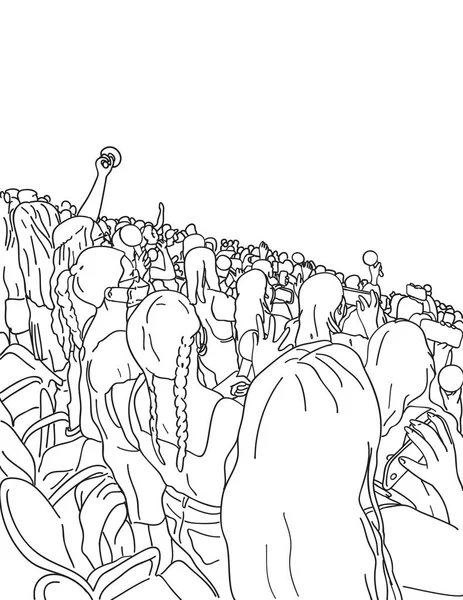 Mono Line Illustration Crowd People Event Watching Concert Holding Mobile — 스톡 벡터