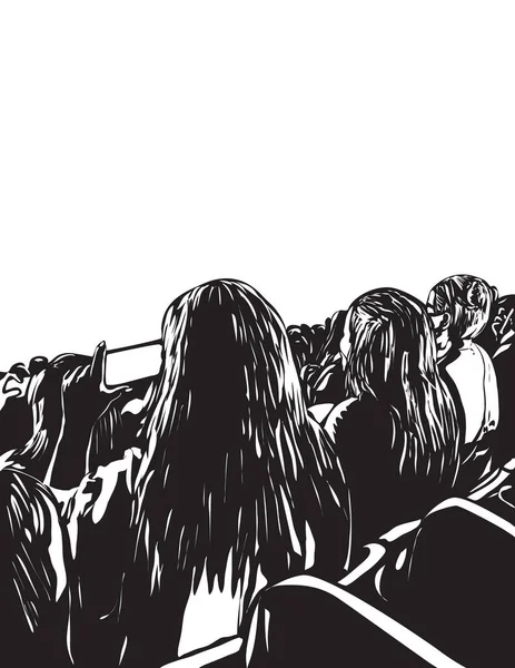 Woodcut Style Illustration Large Crowd Young People Cellphone Mobile Phone — Vector de stock