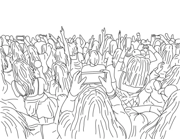 Crowd Young People Cellphone Live Concert Line Art Drawing — Vector de stock