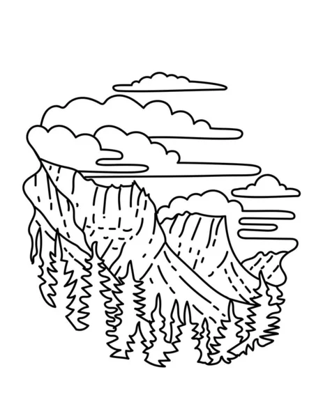 Glacier National Park Klippiga Bergen Montana Monoline Line Art Ritning — Stock vektor