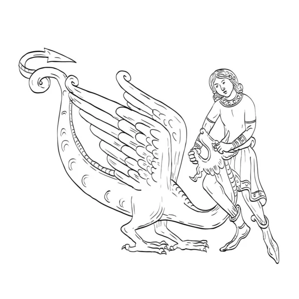 Иллюстрация Рисования Линии Святого Георгия Сражающегося Драконом Средневековом Стиле Изолированном — стоковый вектор