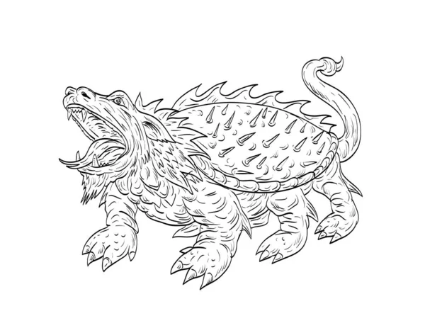Line Art Drawing Illustration Tarasque Fearsome Legendary Dragon Mythological Hybrid — Vector de stock