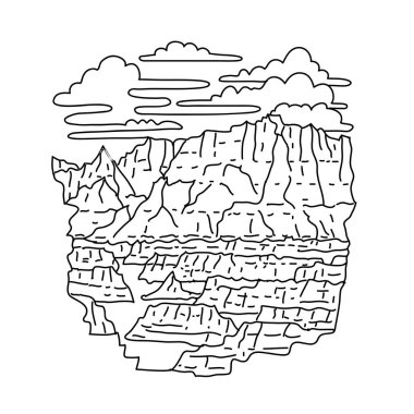 Badlands Ulusal Parkı, Güney Dakota 'daki Kapı İzi' nin mono çizimi siyah beyaz tekel çizimi.
