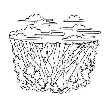 Gunnison Ulusal Parkı, Colorado 'daki Black Canyon' da bulunan Tomichi Noktası 'nın tekli çizimi siyah beyaz monolin çizimi.
