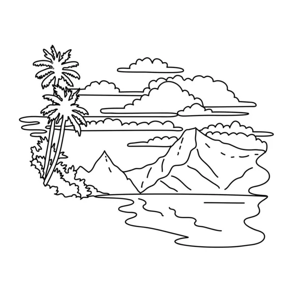 黒と白のモノラインで描かれたアメリカ領サモア国立公園内のマヌア諸島のオフ島のオフビーチのモノラインイラスト 線描法 — ストックベクタ