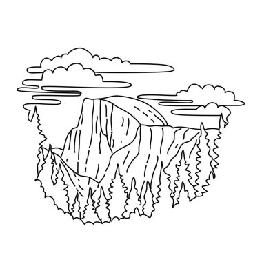 Mono line illustration of Half Dome on the eastern end of Yosemite Valley in Yosemite National Park,  California, United States done in black and white monoline line drawing art style