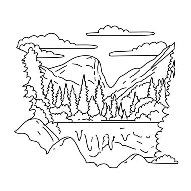 Mono line illustration of Mirror Lake Trail in the eastern part of Yosemite Valley in Yosemite National Park, California done in black and white monoline line drawing art style