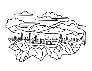 Mono line illustration of Signal Hill with petroglyph site in Tucson Mountain district of Saguaro National Park, Arizona, United States done in black and white monoline line drawing art style