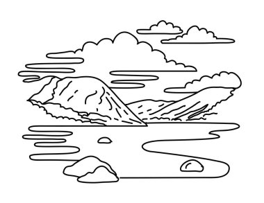 Mono line illustration of Tenaya Lake located between Yosemite Valley and Tuolumne Meadows in Yosemite National Park, California done in black and white monoline line drawing art style