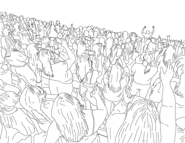 Line Art Drawing Illustration Large Crowd Young People Cellphone Mobile — Vector de stock