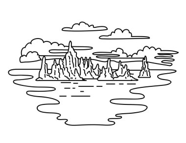 Mono line illustration of Mono Lake Tufa State Natural Reserve within Mono County in Yosemite National Park, California done in black and white monoline line drawing art style