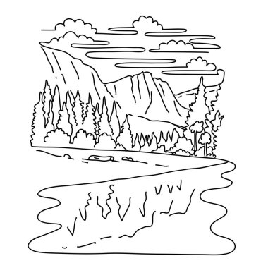 Mono line illustration of Cathedral beach picnic area on the Merced river in Yosemite National Park, California, United States done in black and white monoline line drawing art style