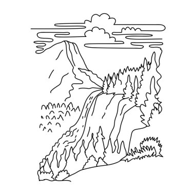 Mono line illustration of Nevada Fall below the Liberty Cap on the Merced River in Yosemite National Park, California United States done in black and white monoline line drawing art style