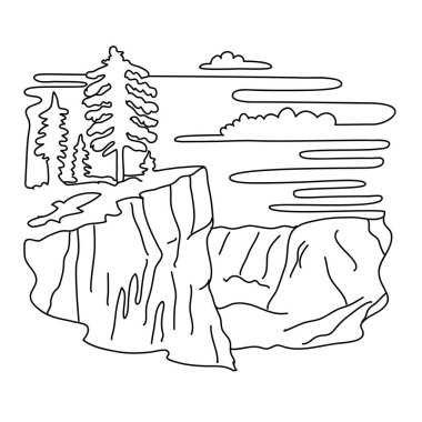 Mono line illustration of Taft Point west of Glacier Point located in Yosemite National Park, California United States done in black and white monoline line drawing art style