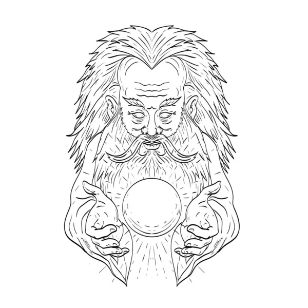 Line Art Drawing Illustration Mystic Man Crystal Ball Viewed Front — Stock Vector