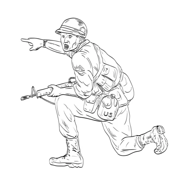 Line Art Drawing Illustration American Vietnam War Soldier Rifle Kneeling — Vetor de Stock