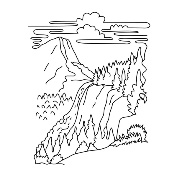 Mono Line Illustration Nevada Fall Liberty Cap Merced River Yosemite — Stock Vector