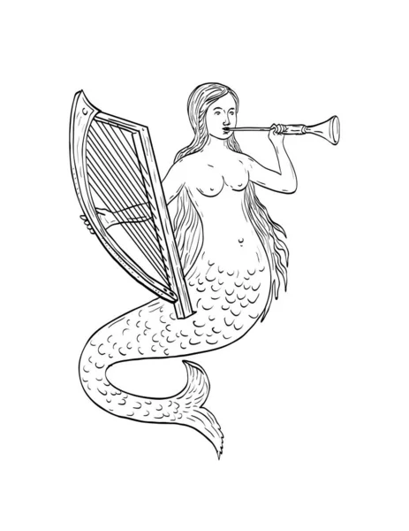 Line Art Drawing Illustration Mermaid Siren Greek Mythology Playing Harp — ストックベクタ