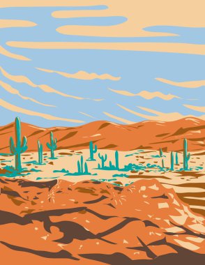 WPA poster art of Saguaro National Park located in the Sonoran Desert, Arizona USA during summer done in works project administration or federal art project style clipart