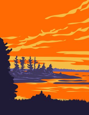 WPA poster art of Cedar Springs, Beausoleil Island within Georgian Bay Islands National Park in Georgian Bay, near Port Severn, Ontario, Canada done in works project administration. clipart