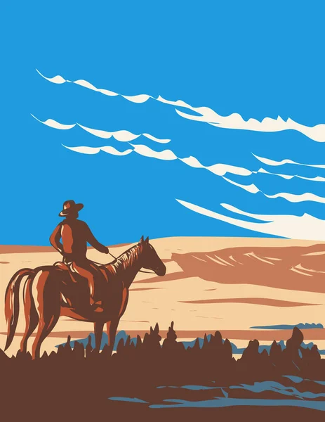 位于加拿大萨斯喀彻温省Val Marie村附近的草地国家公园西块的世界和平协会牛仔和马的海报艺术 从事工程项目管理 — 图库矢量图片
