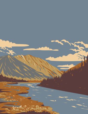 WPA poster art of Quill Creek in Kluane National Park and Reserve in the southwest corner of the territory of Yukon, Canada done in works project administration. clipart