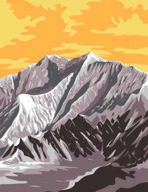 WPA poster art of Mount Logan within Kluane National Park and Reserve in the territory of Yukon, Canada done in works project administration. clipart